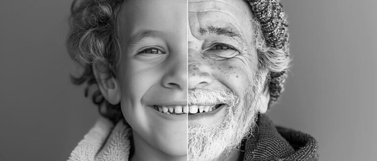 portrait of same young and old man smiling, AI generated